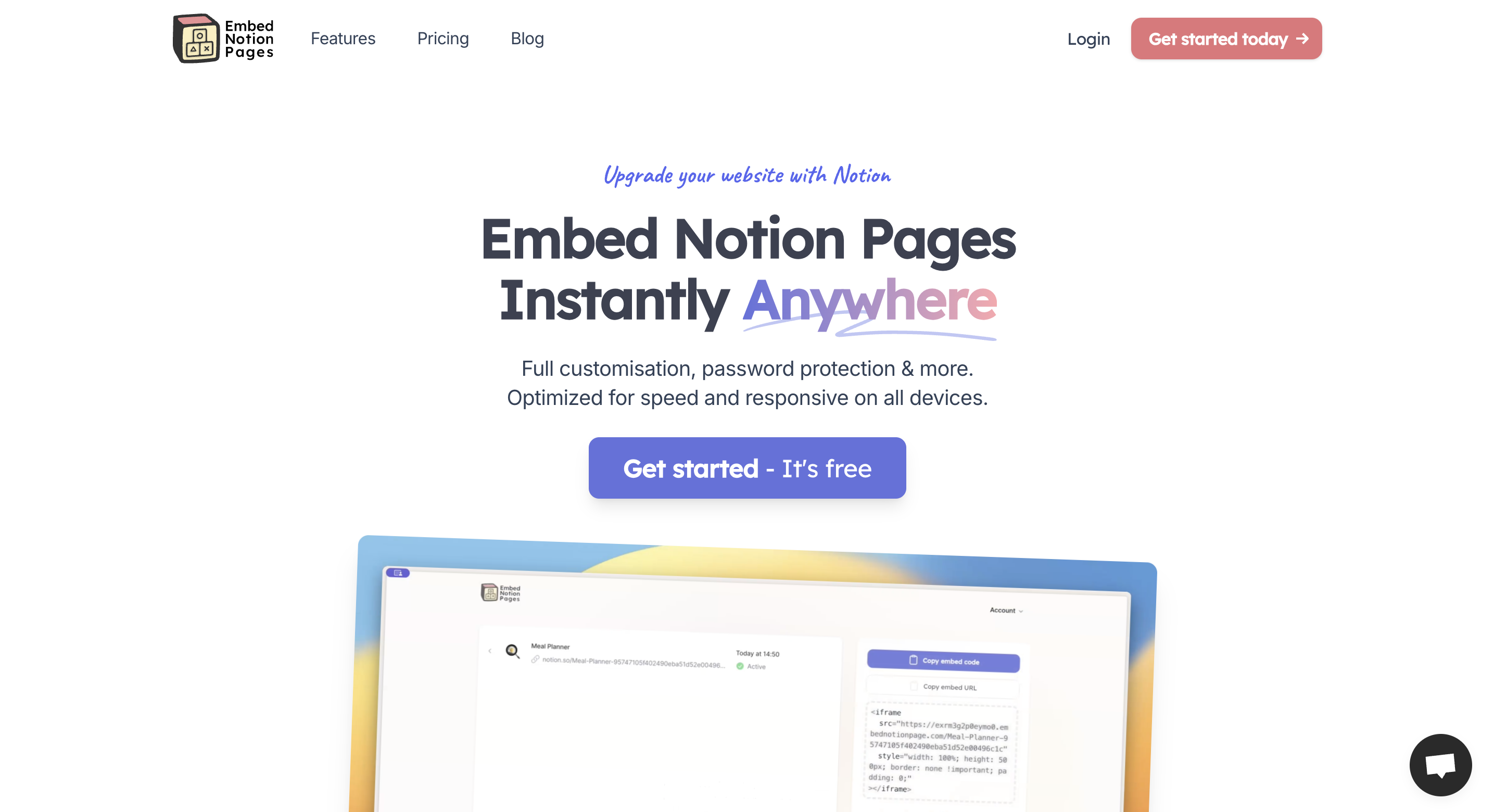 EmbedNotionPages homepage showing iframe embedding option