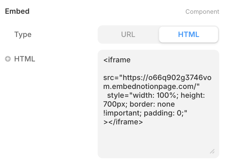 Framer HTML block showing embedded iframe code