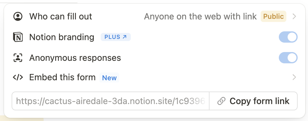 Notion form sharing settings showing the "Embed this form" option