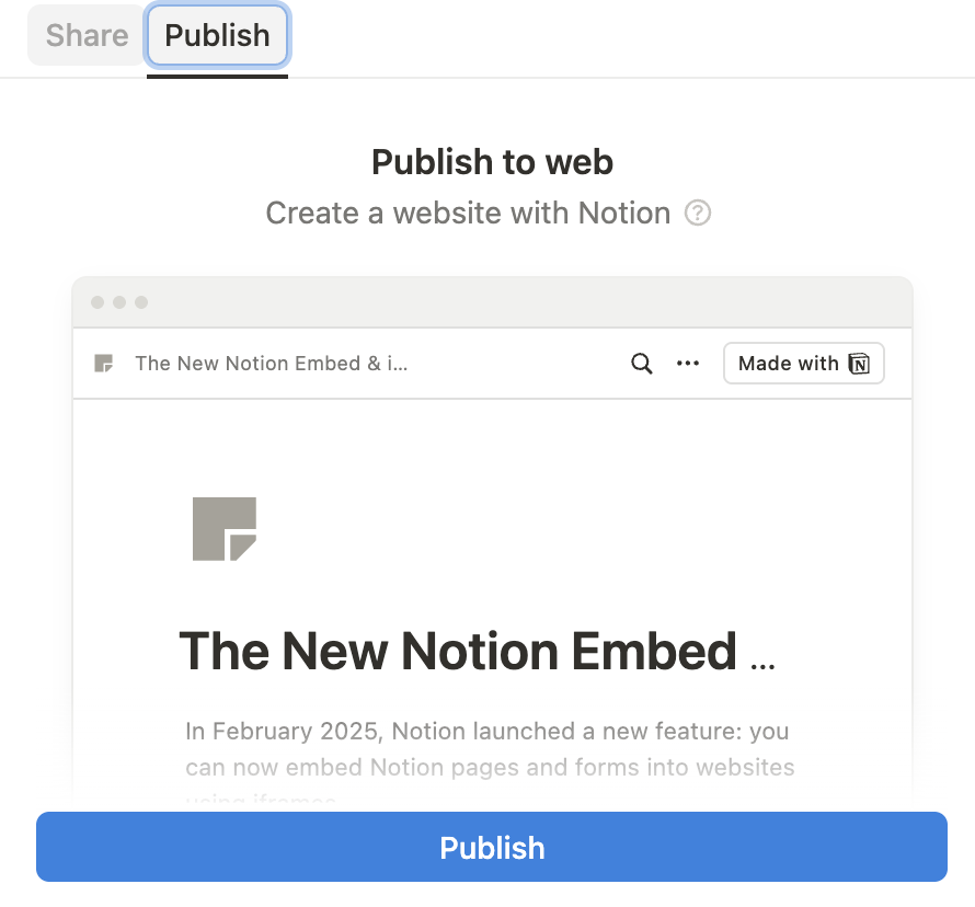Publishing a Notion page for embed