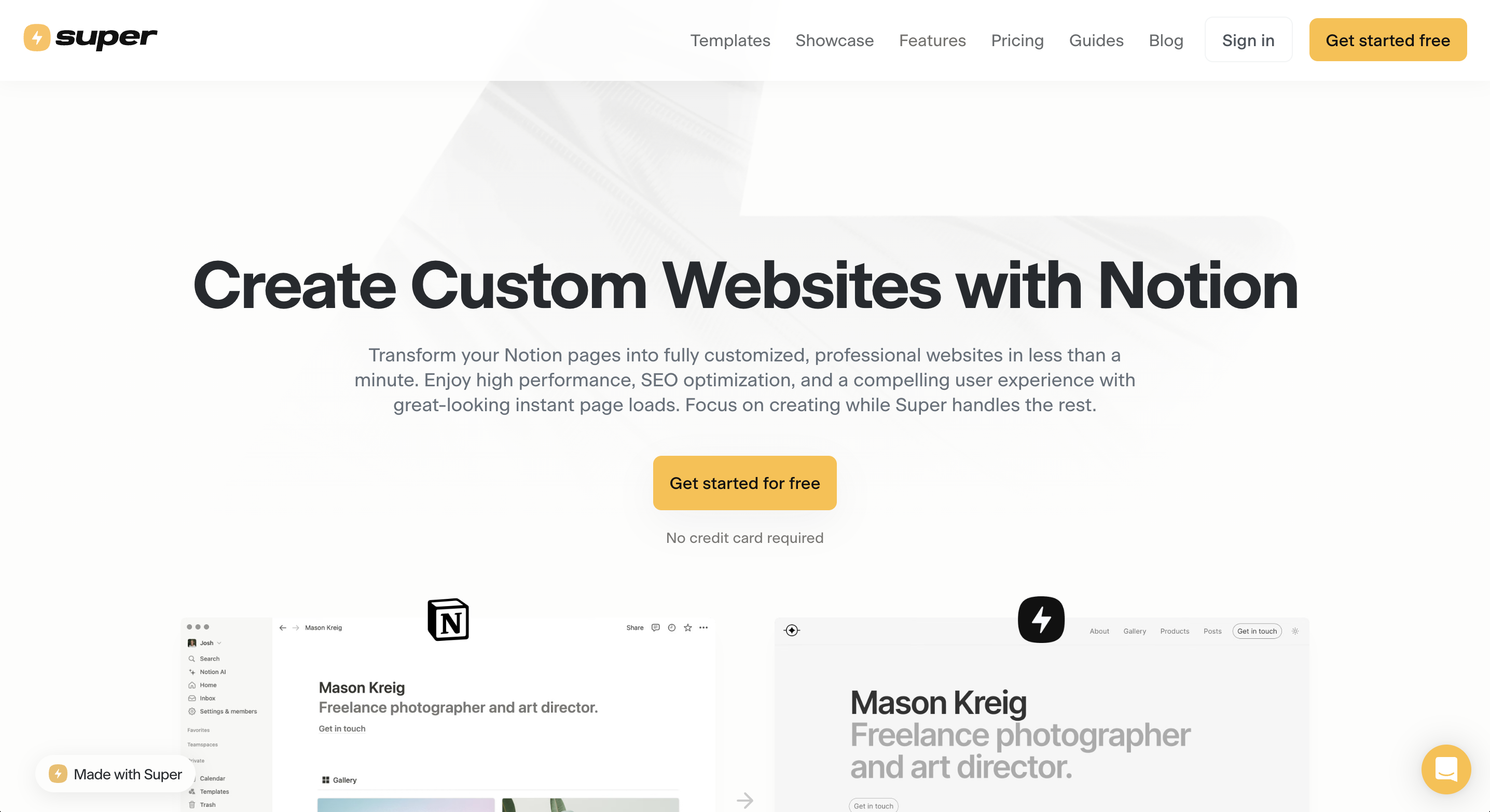 Super.so homepage showing fully custom Notion websites